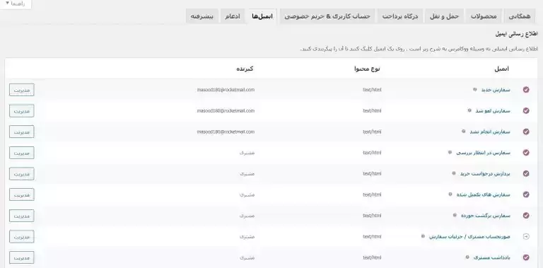 تنظیمات ایمیل در ووکامرس 
